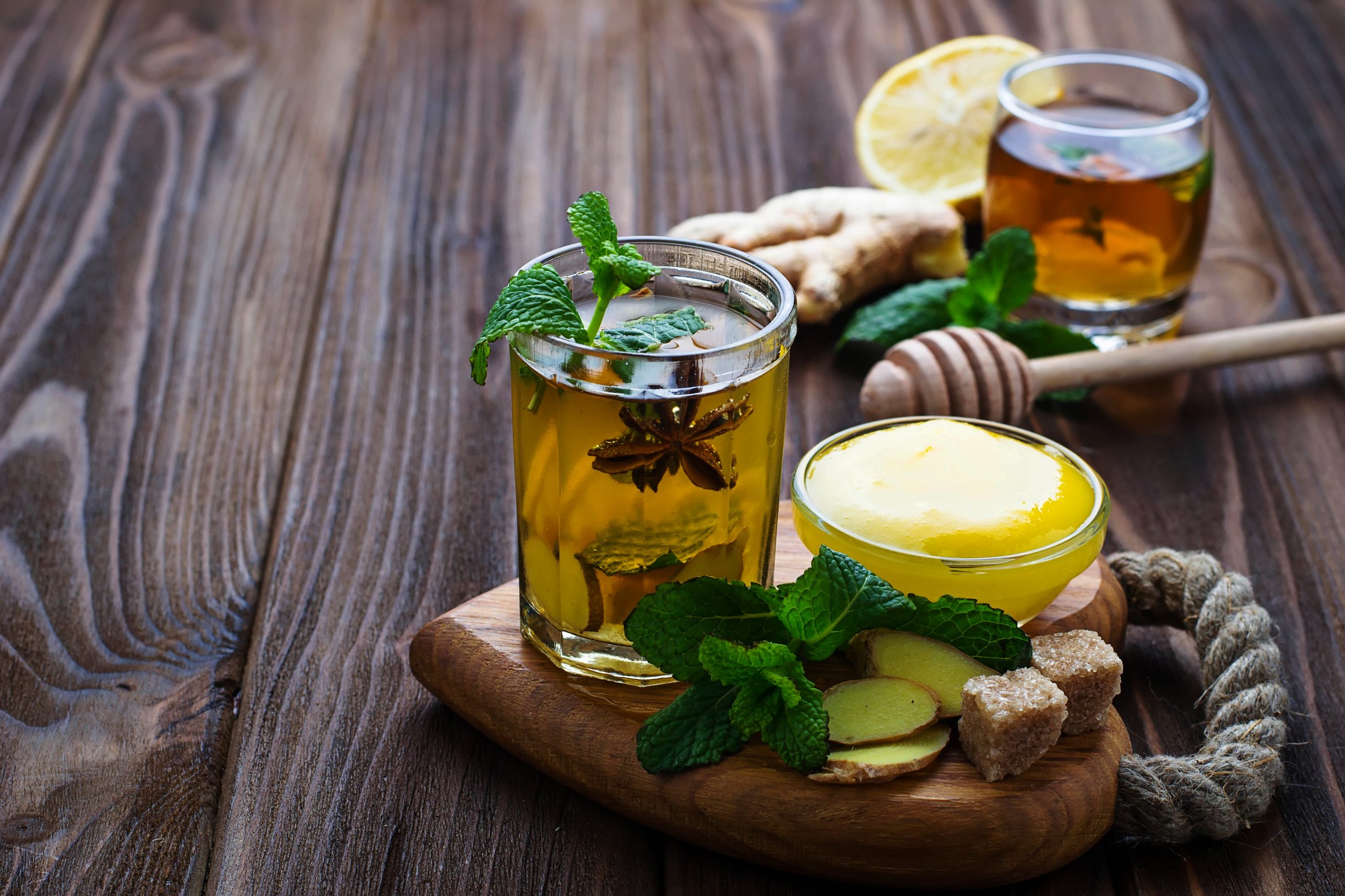 Tisane infusion with mint lemon honey and ginger